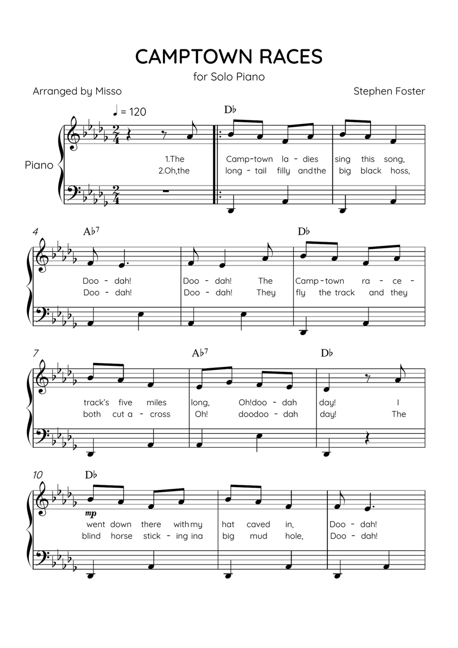Camptown Races - Piano Solo in Db Major - Easy Level - Lyrics & Chords Easy Piano scores gallery preview page 1