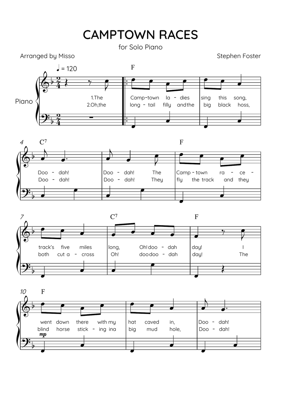 Camptown Races - Piano Solo in F Major - Easy Level - Lyrics & Chords Easy Piano scores gallery preview page 1