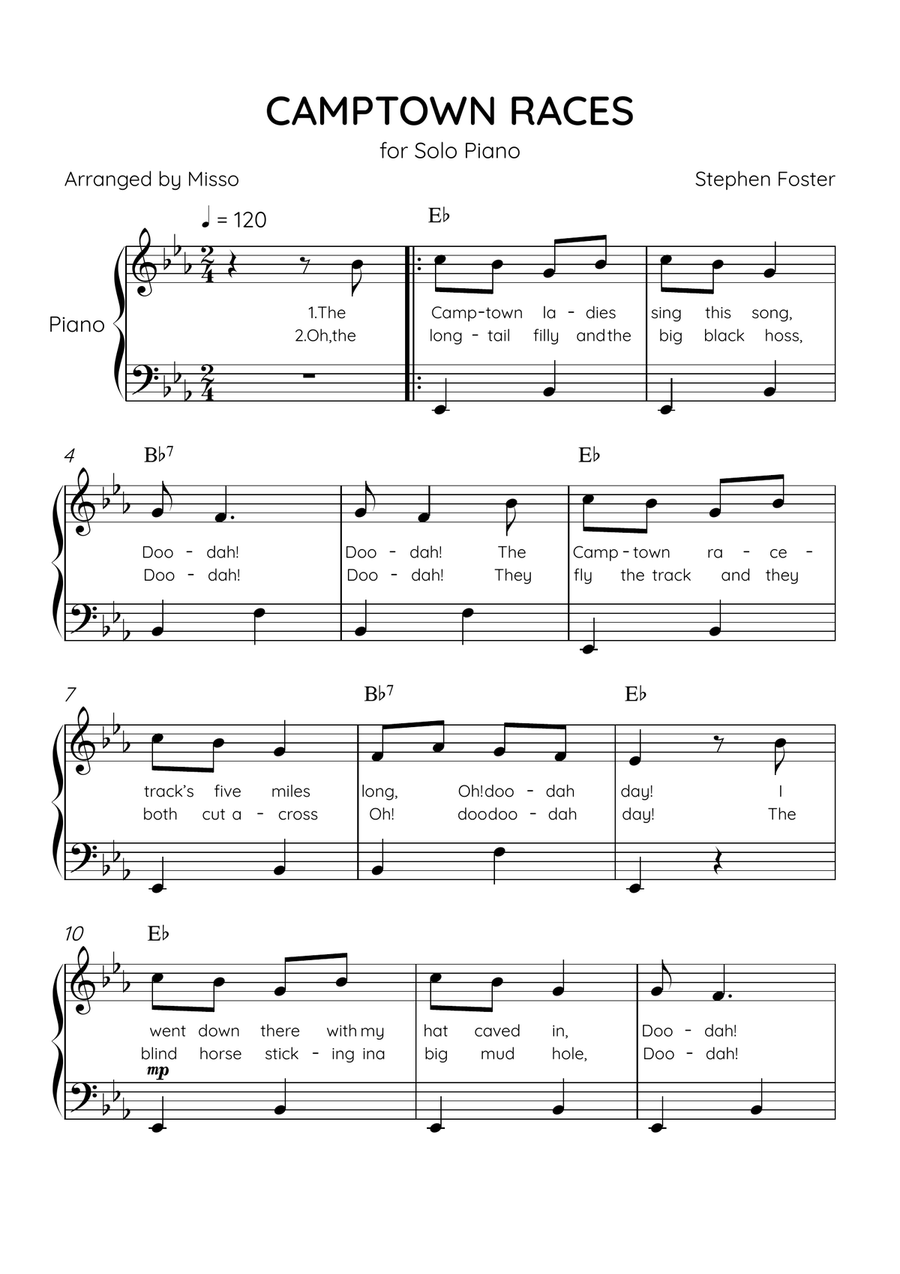 Camptown Races - Piano Solo in Eb Major - Easy Level - Lyrics & Chords Easy Piano scores gallery preview page 1