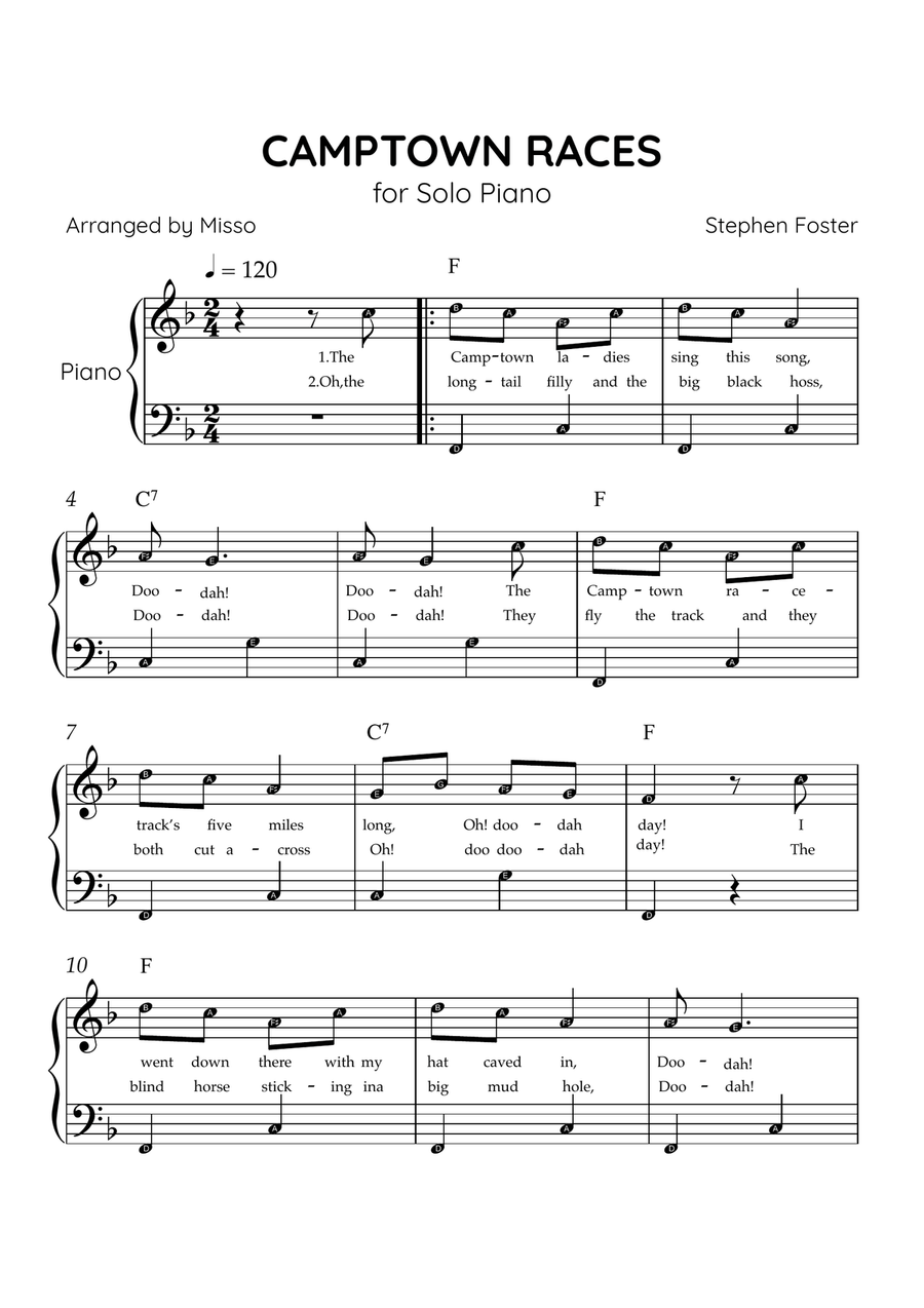 Camptown Races - Piano Solo in F Major - Beginner Level Letter Names - Lyrics & Chords Easy Piano scores gallery preview page 1