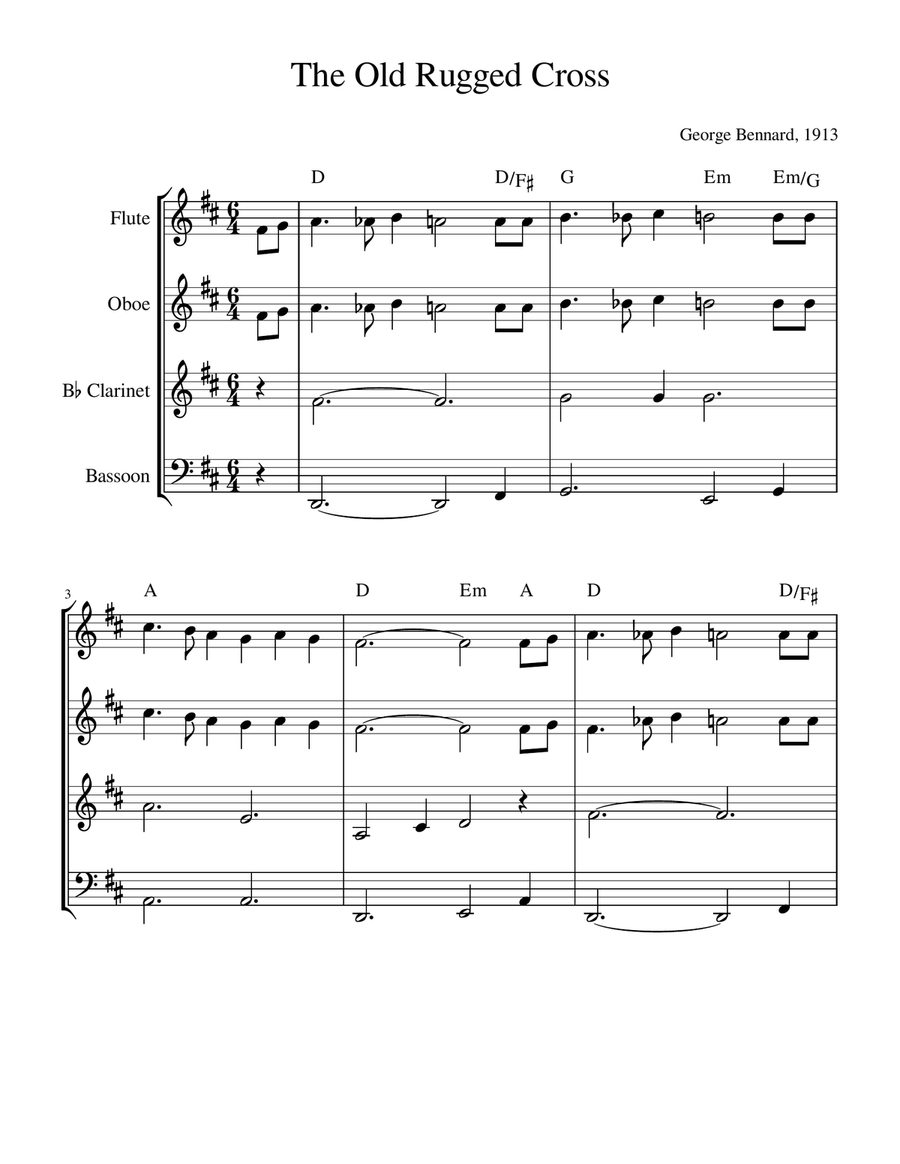 The Old Rugged Cross (Wind Quartet with Chords) Woodwind Quartet scores gallery preview page 1