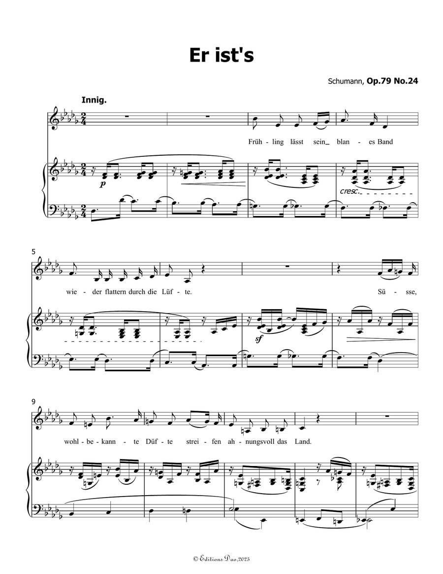 Er ists, by Schumann, Op.79 No.24, in D flat Major Piano, Vocal scores gallery preview page 3