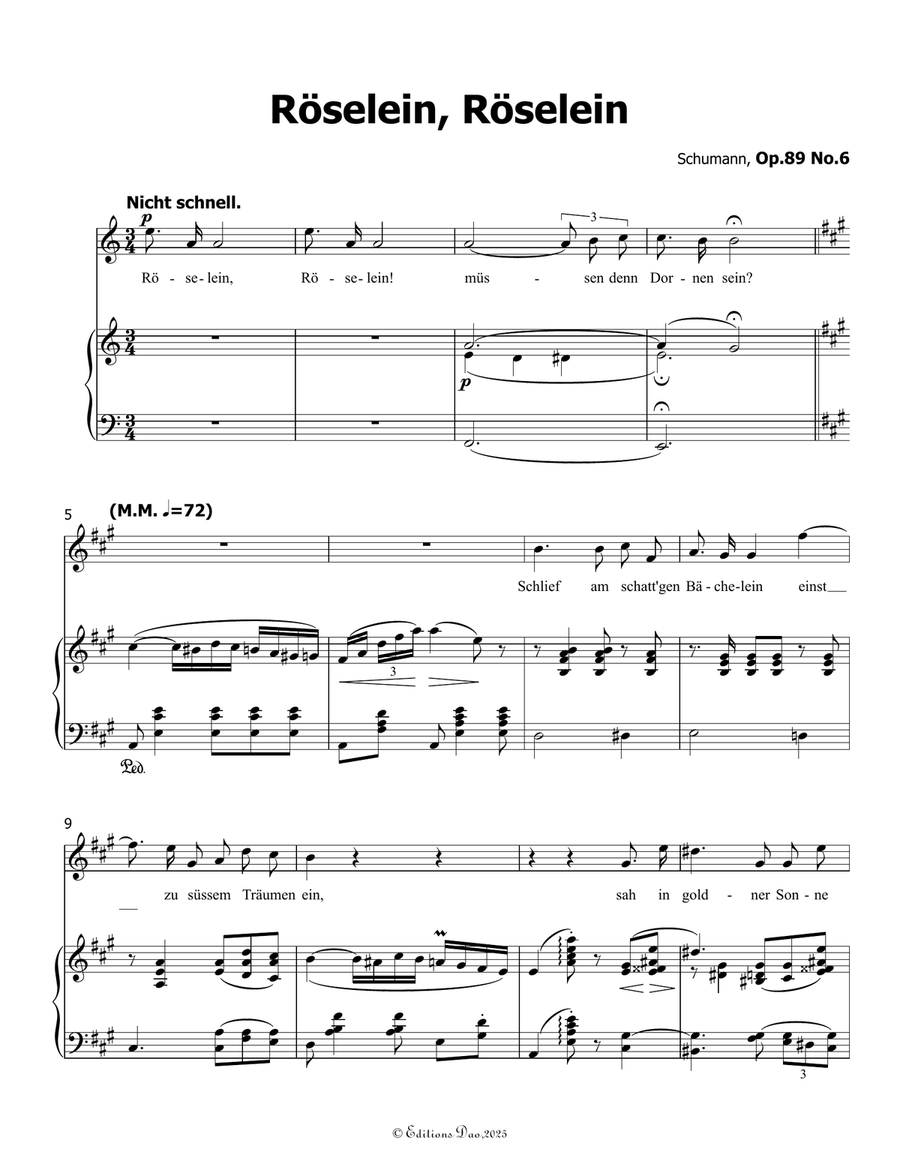 Roselein, Roselein, by Schumann, Op.89 No.6, in A Major Piano, Vocal scores gallery preview page 3