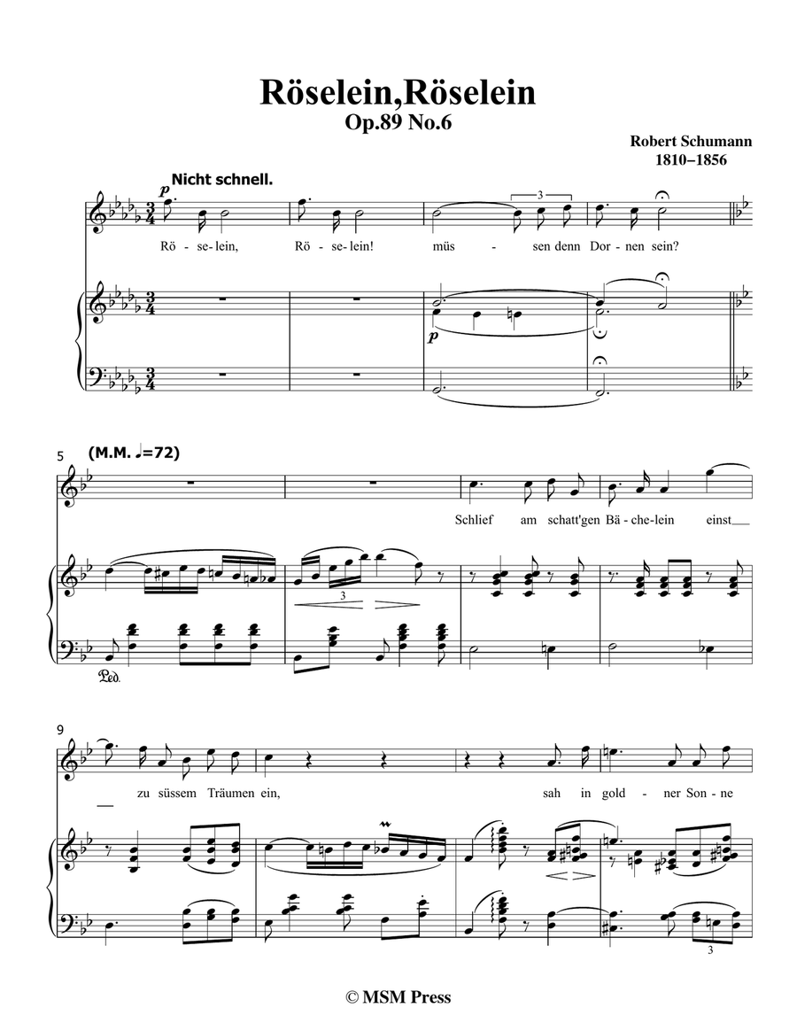 Roselein, Roselein, by Schumann, Op.89 No.6, in B flat Major Piano, Vocal scores gallery preview page 3