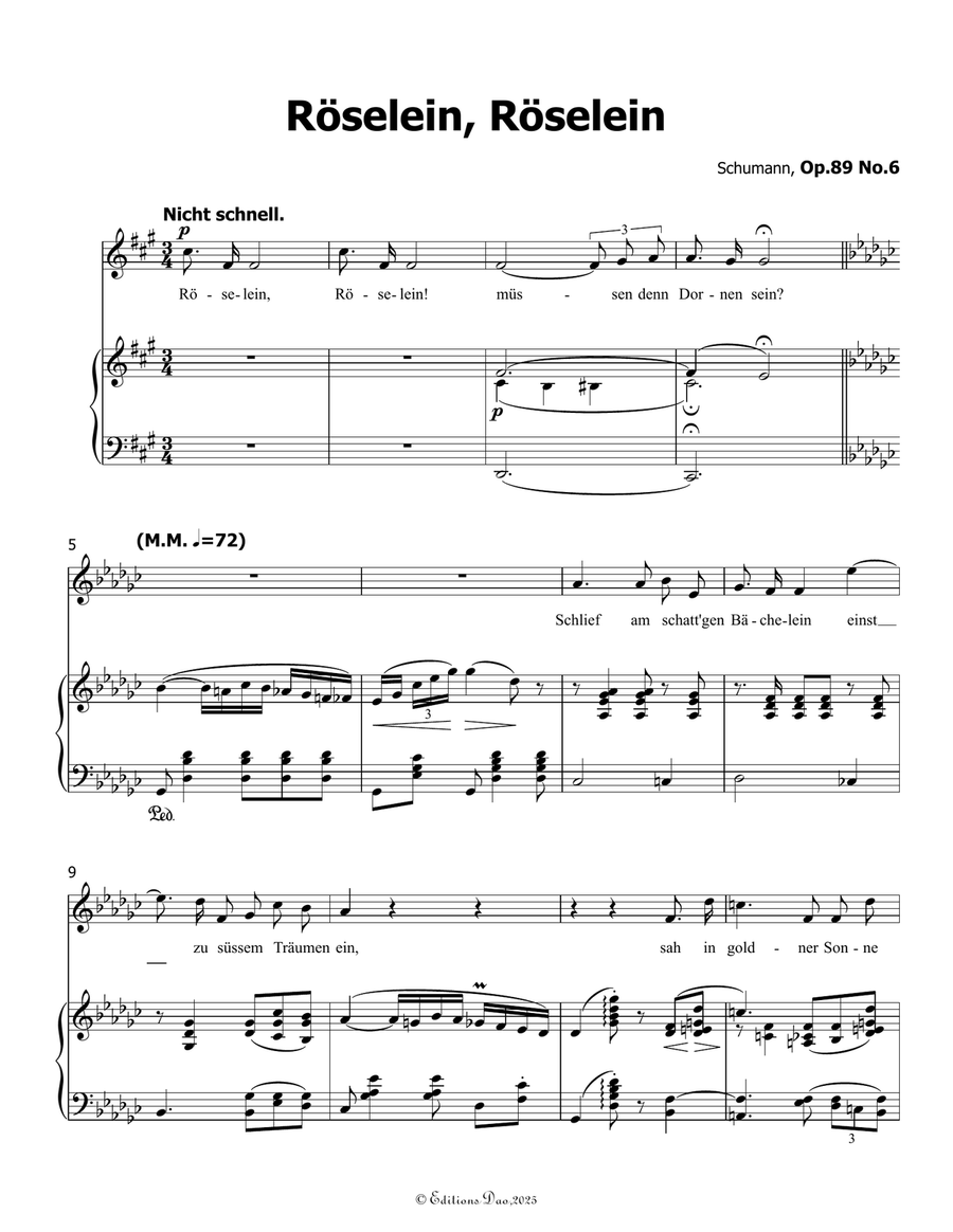Roselein, Roselein, by Schumann, Op.89 No.6, in G flat Major Piano, Vocal scores gallery preview page 3