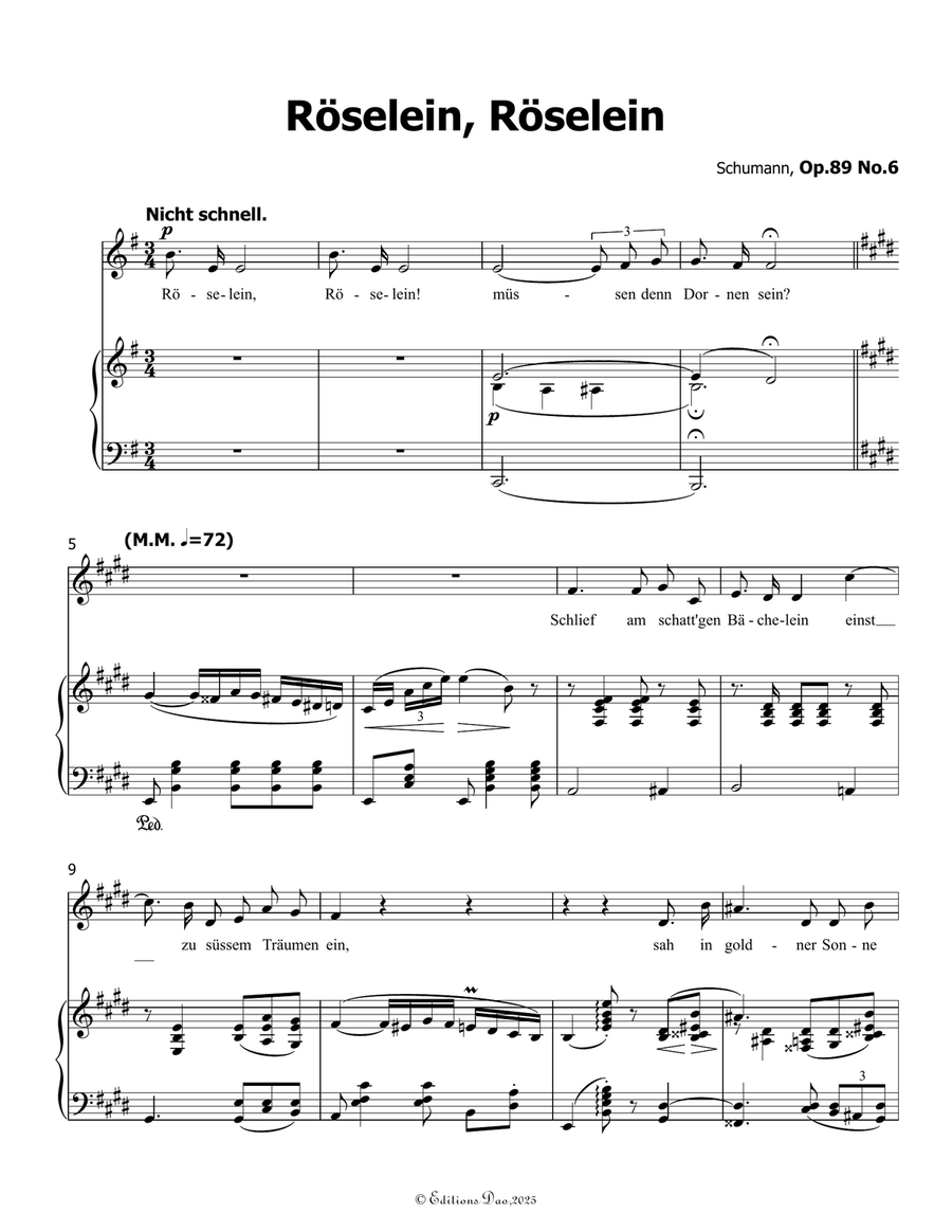 Roselein, Roselein, by Schumann, Op.89 No.6, in E Major Piano, Vocal scores gallery preview page 3