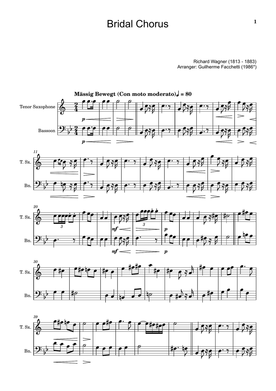 Bridal Chorus. R. Wagner - Arranged for T. Sax. and Bassoon Woodwind Duet scores gallery preview page 1