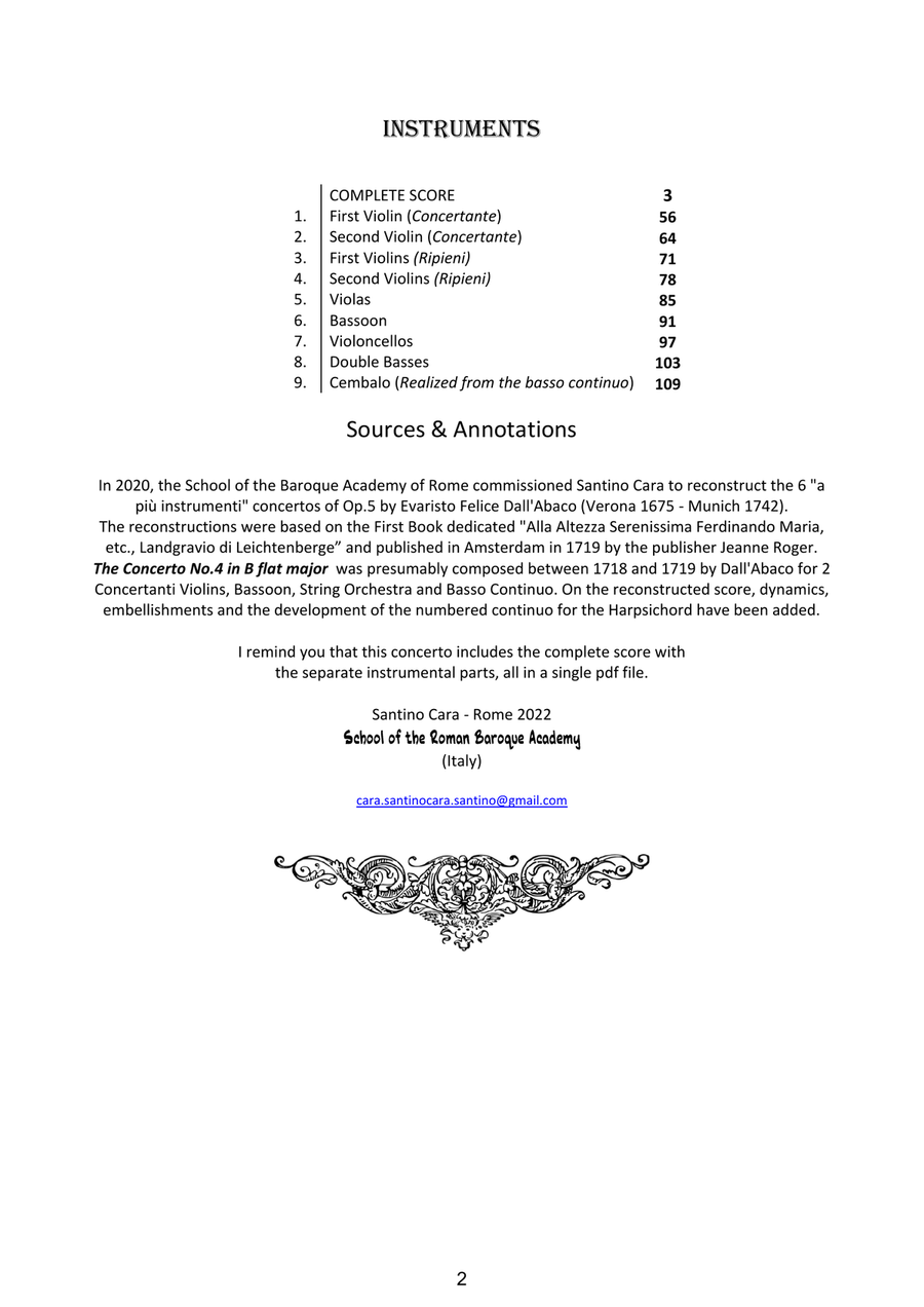 Dall-Abaco - Concerto No.4 in B flat major Op.5 for Chamber Orchestra Chamber Orchestra scores gallery preview page 2