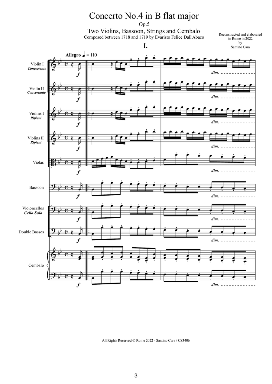 Dall-Abaco - Concerto No.4 in B flat major Op.5 for Chamber Orchestra Chamber Orchestra scores gallery preview page 3