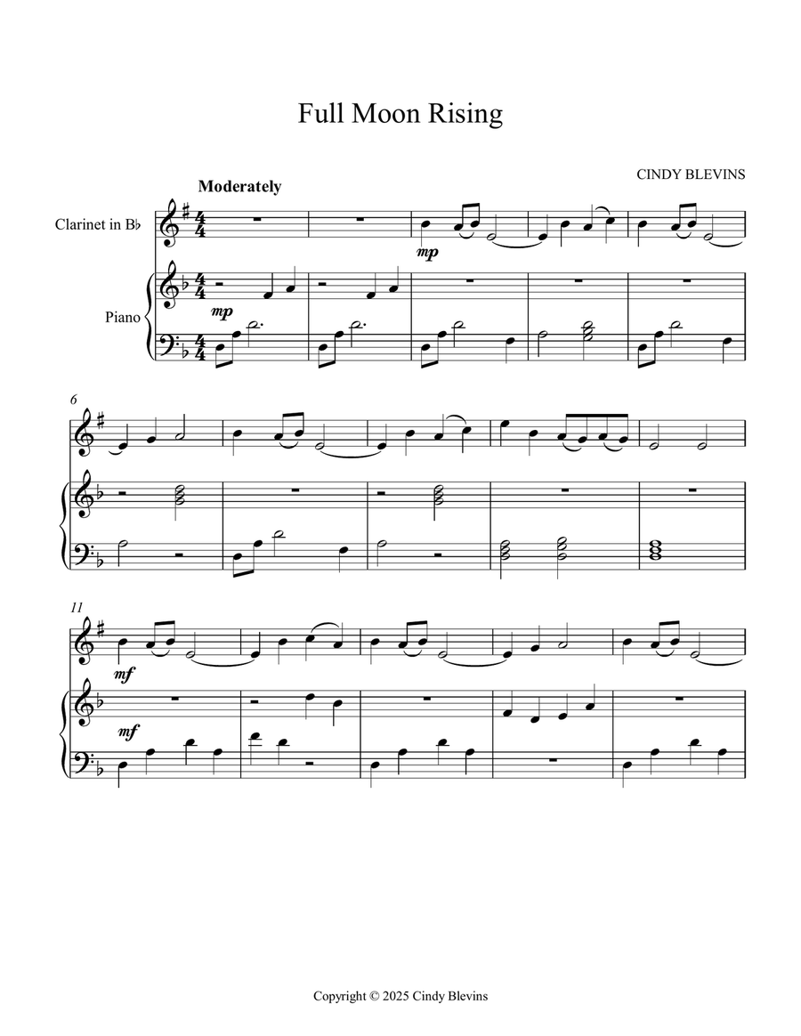 Full Moon Rising, an original piece for clarinet and piano B-Flat Clarinet scores gallery preview page 2