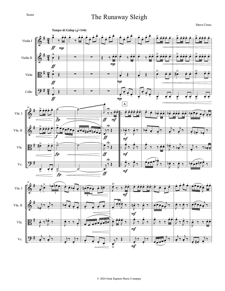 Runaway Sleigh, The Runaway Sleigh, The String Quartet scores gallery preview page 1