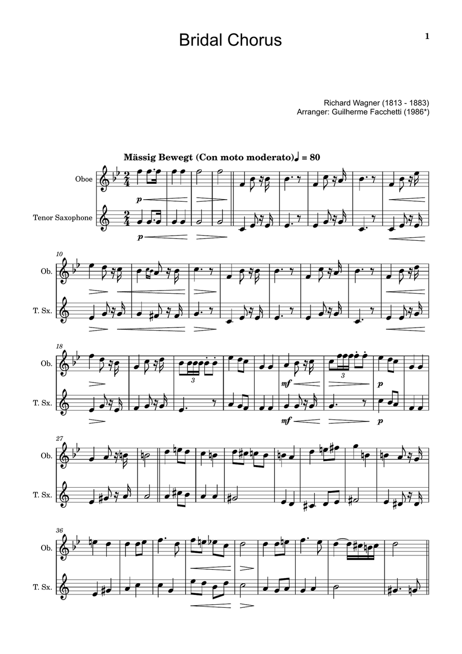 Bridal Chorus. R. Wagner - Arranged for Oboe and T. Sax. Woodwind Duet scores gallery preview page 1