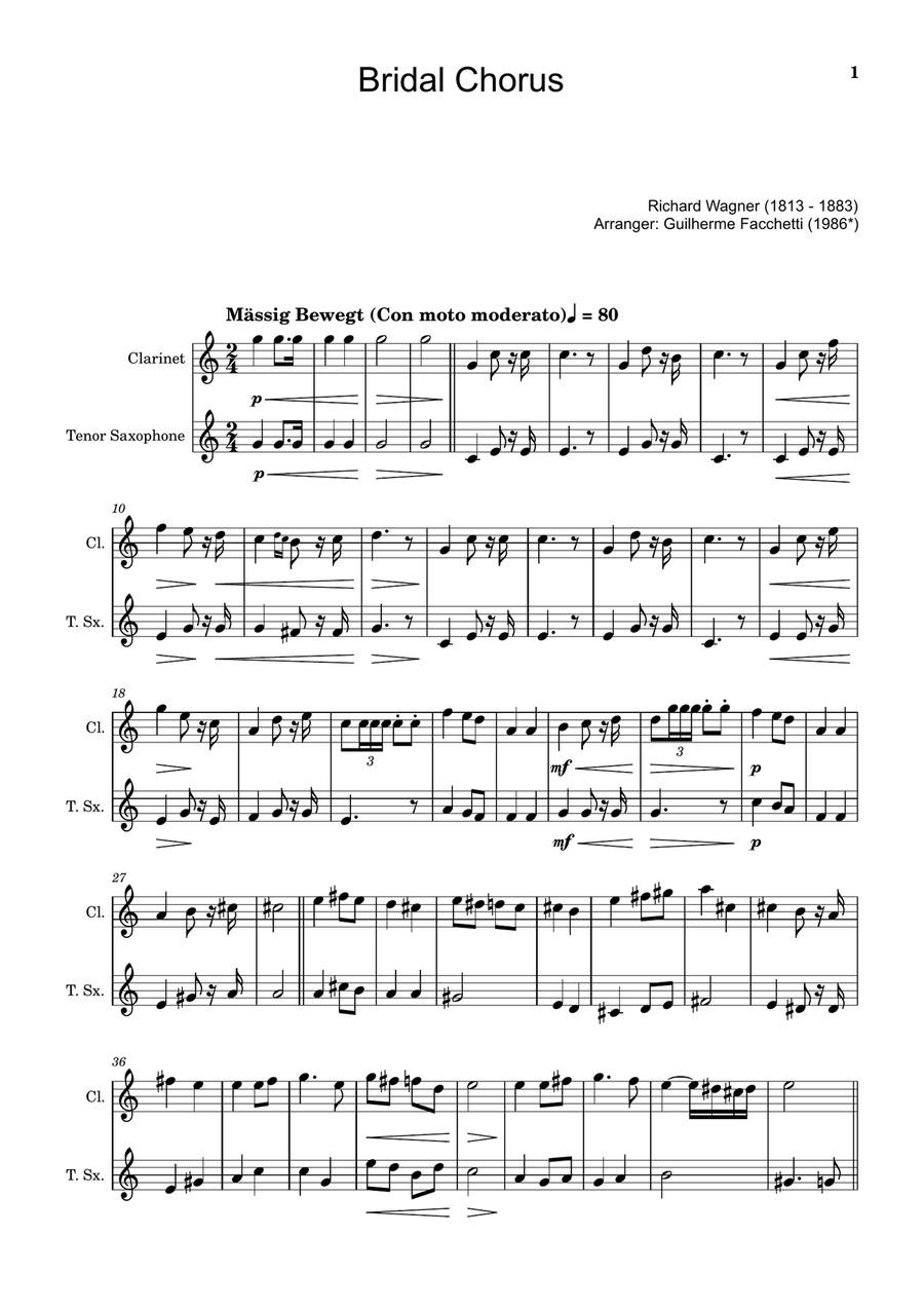 Bridal Chorus. R. Wagner - Arranged for Clarinet and T. Sax. Woodwind Duet scores gallery preview page 1