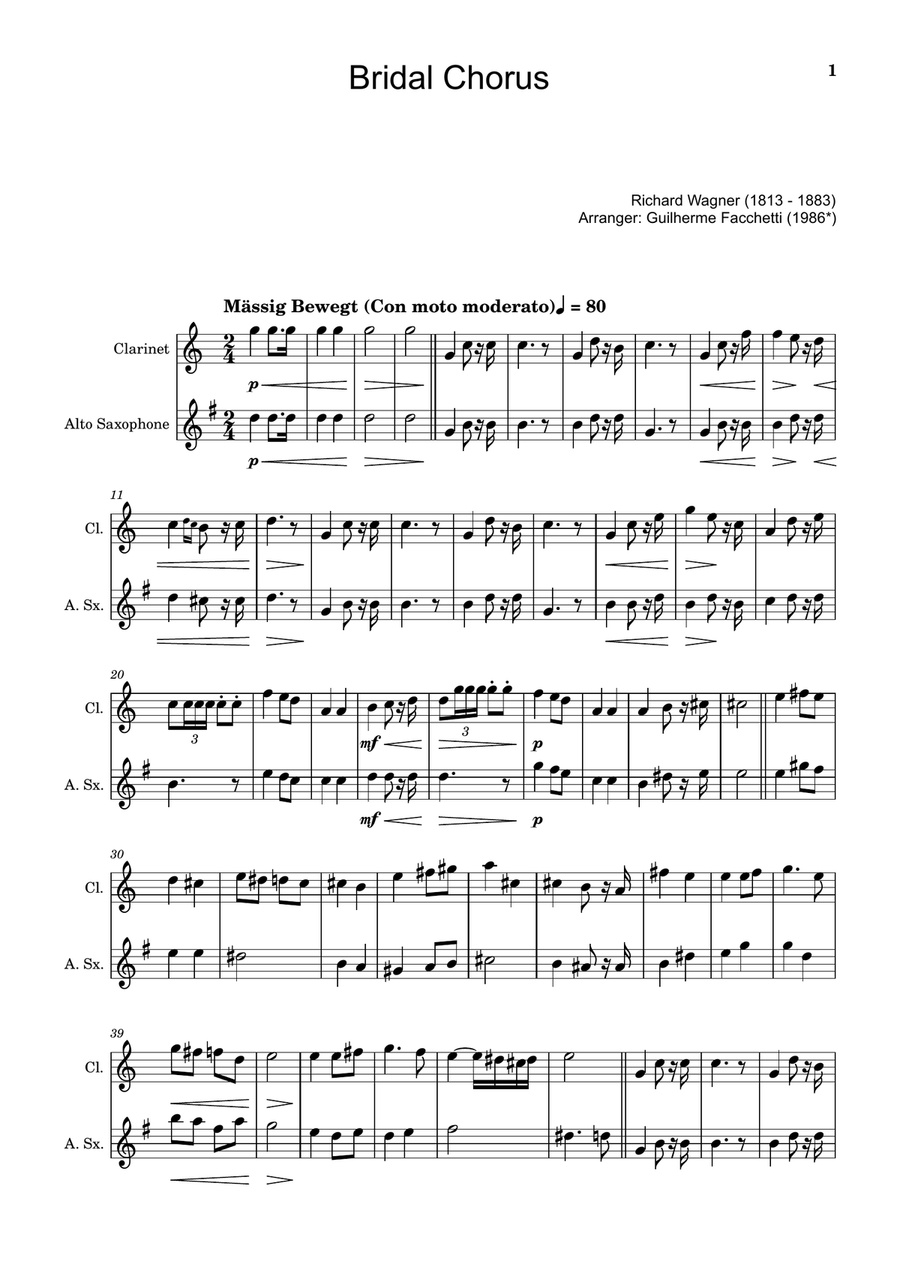 Bridal Chorus. R. Wagner - Arranged for Clarinet and A. Sax. Woodwind Duet scores gallery preview page 1