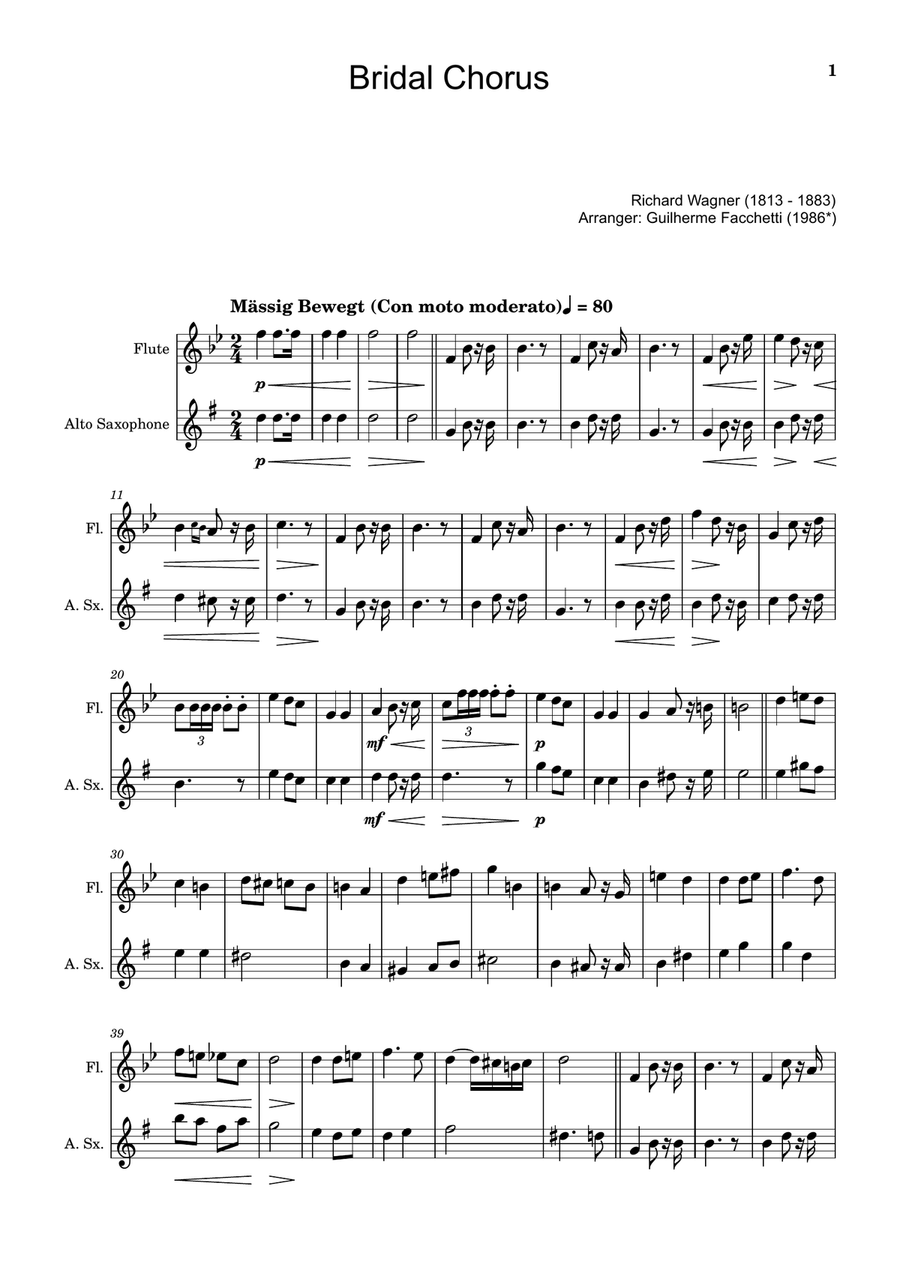 Bridal Chorus. R. Wagner - Arranged for Flute and A. Sax. Woodwind Duet scores gallery preview page 1
