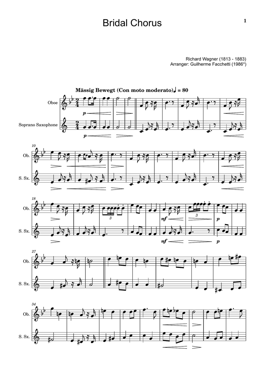 Bridal Chorus. R. Wagner - Arranged for Oboe and S. Sax. Woodwind Duet scores gallery preview page 1