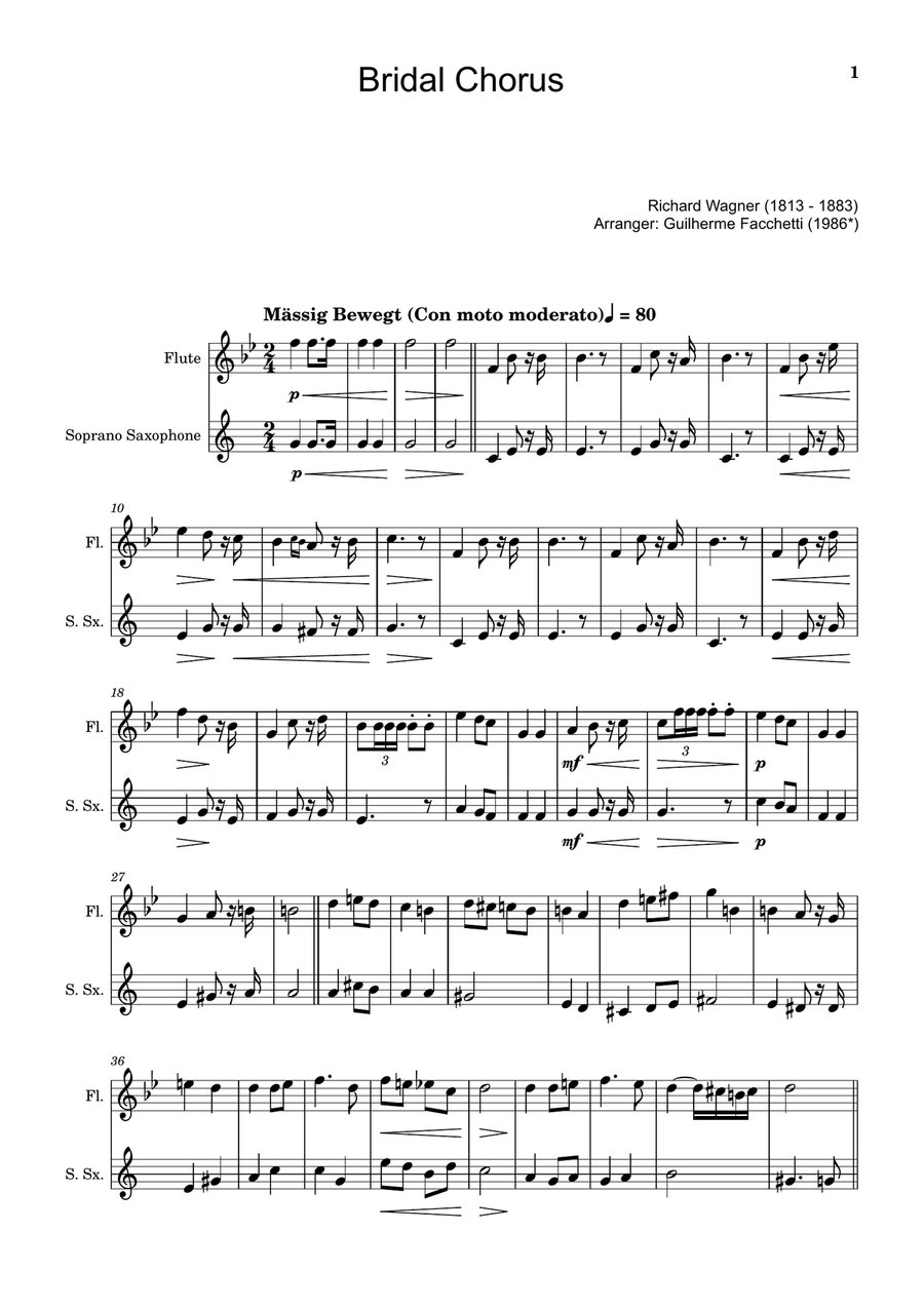 Bridal Chorus. R. Wagner - Arranged for Flute and S. Sax. Woodwind Duet scores gallery preview page 1