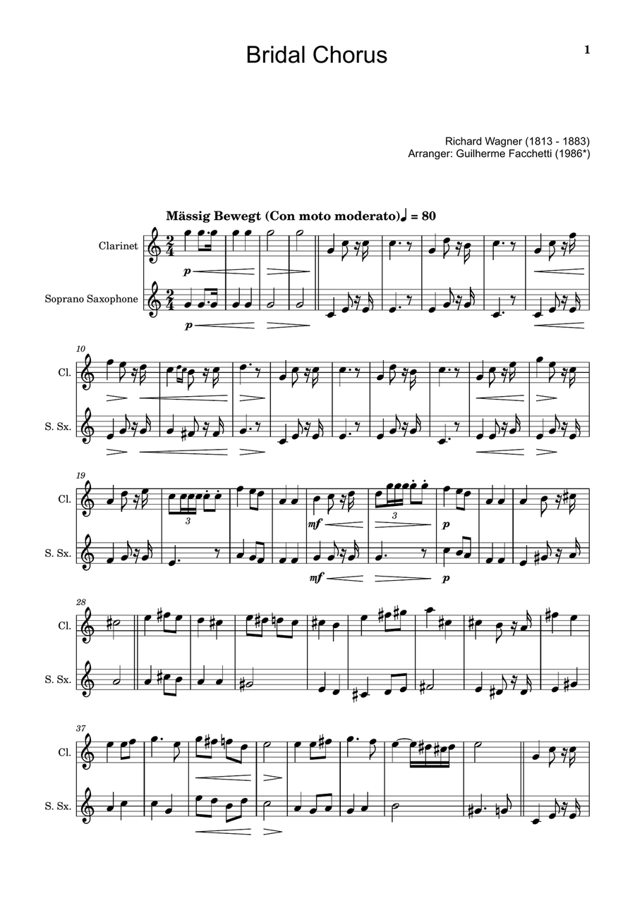 Bridal Chorus. R. Wagner - Arranged for Clarinet and S. Sax. Woodwind Duet scores gallery preview page 1