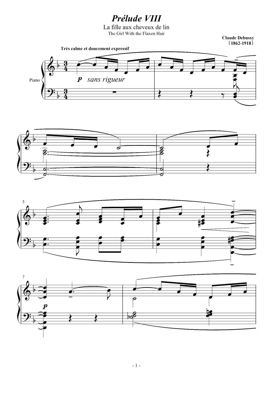 The Girl with the Flaxen Hair - Claude Debussy Piano Solo scores gallery preview page 1