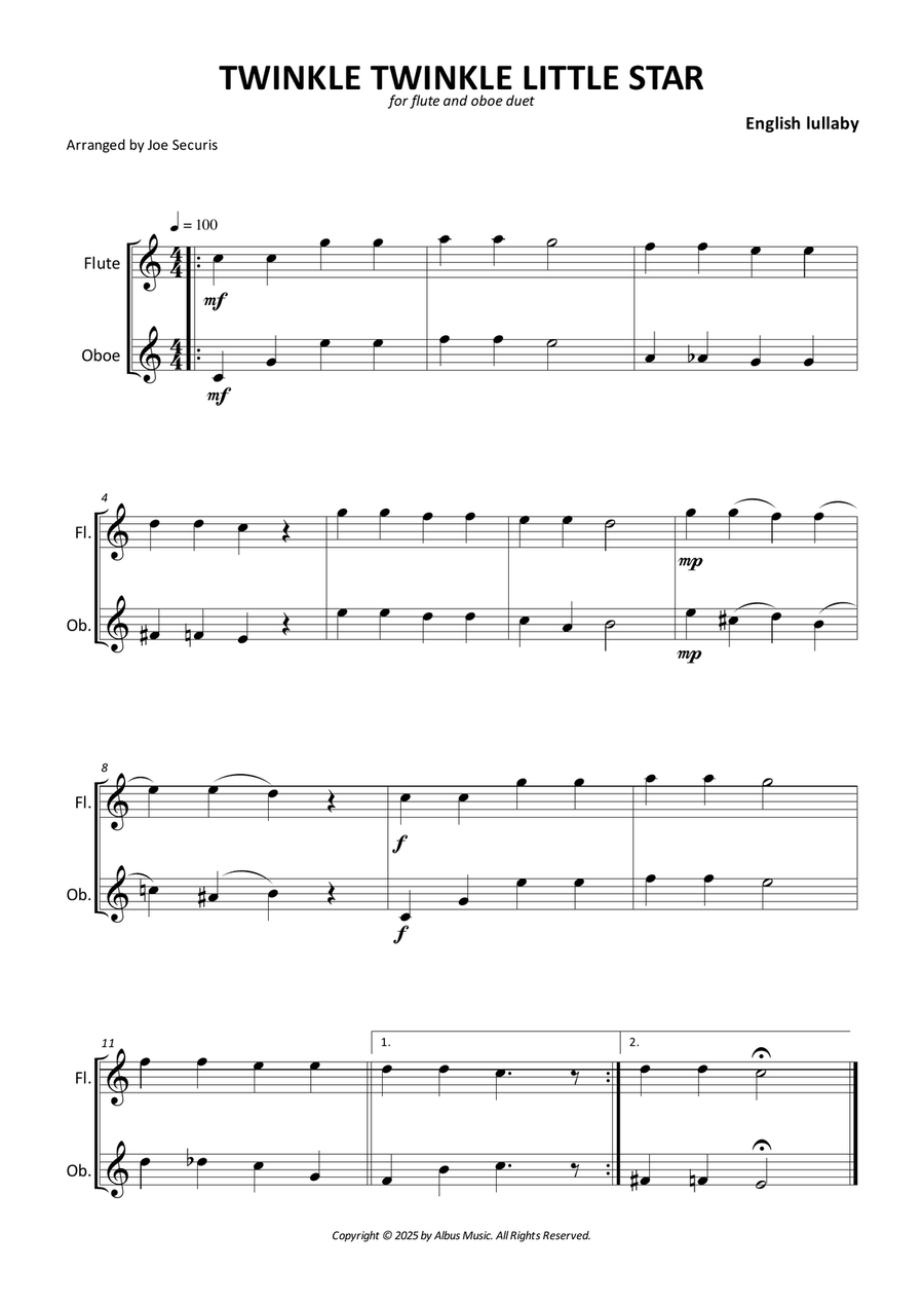 Twinkle Twinkle Little Star Flute scores gallery preview page 1