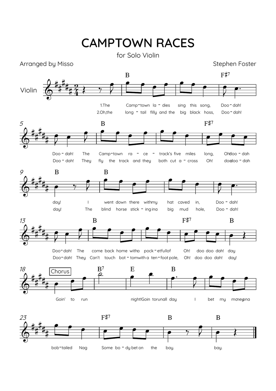 Camptown Races - Violin Solo in B Major - Easy Level - Lyrics & Chords Violin Solo scores gallery preview page 1