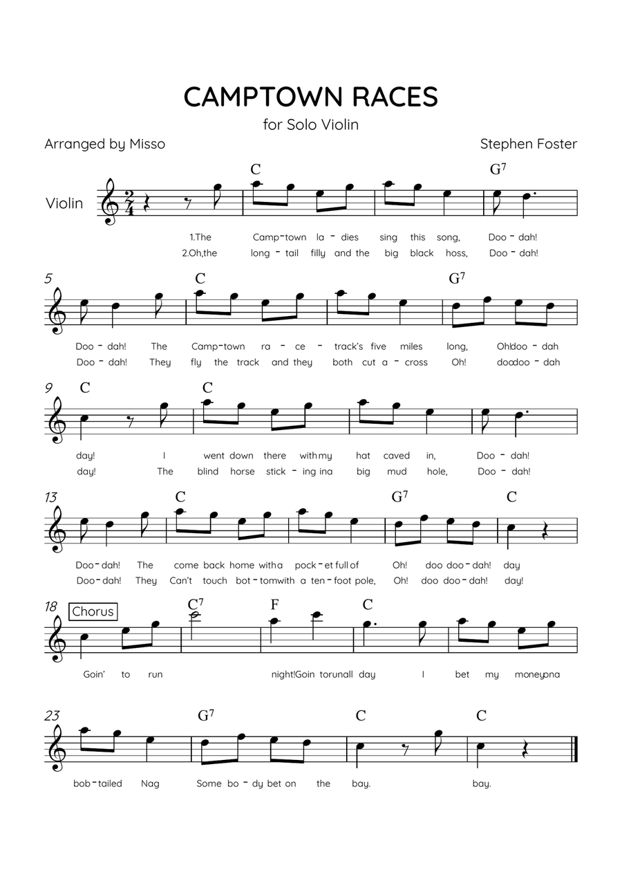 Camptown Races - Violin Solo in C Major - Easy Level - Lyrics & Chords Violin Solo scores gallery preview page 1