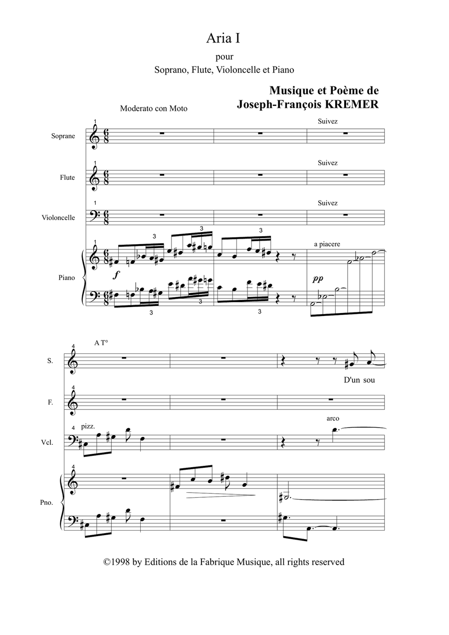 Joseph-François Kremer : Aria 1 for soprano, flûte, cello and piano Small Ensemble scores gallery preview page 2