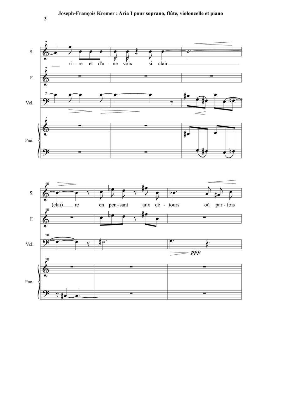 Joseph-François Kremer : Aria 1 for soprano, flûte, cello and piano Small Ensemble scores gallery preview page 3