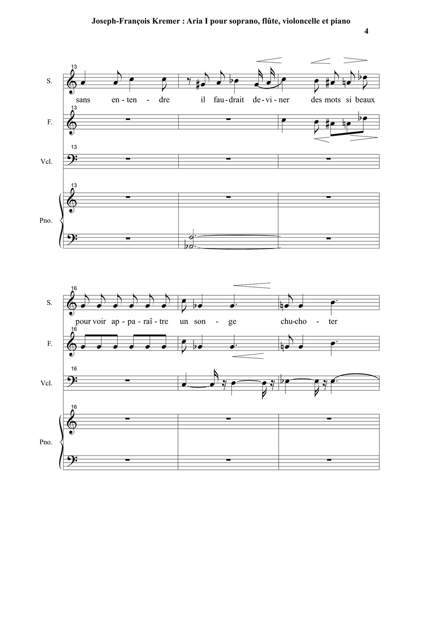 Joseph-François Kremer : Aria 1 for soprano, flûte, cello and piano Small Ensemble scores gallery preview page 4
