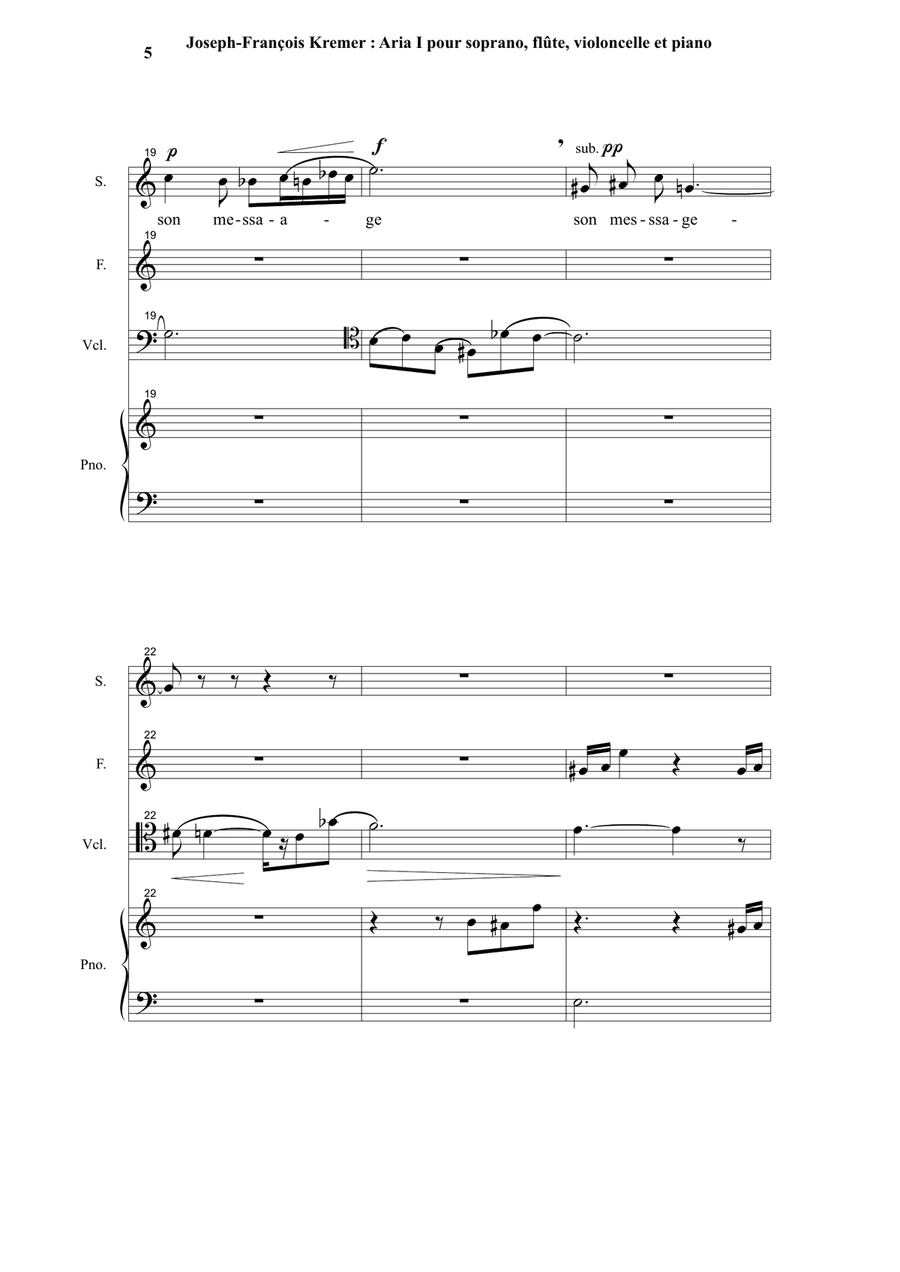 Joseph-François Kremer : Aria 1 for soprano, flûte, cello and piano Small Ensemble scores gallery preview page 5
