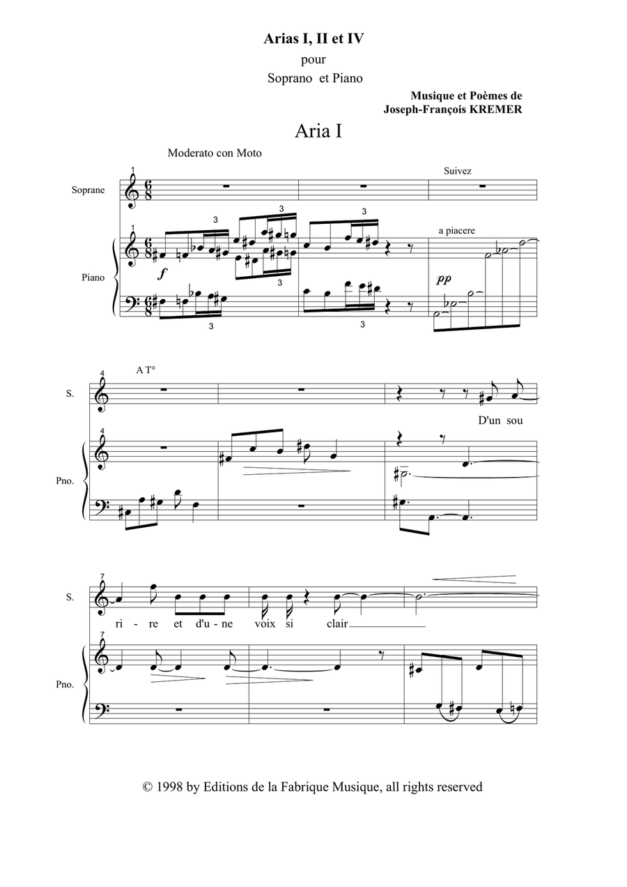 Joseph-François Kremer : Arias 1, 2 and 4 for soprano and piano Piano, Vocal scores gallery preview page 1
