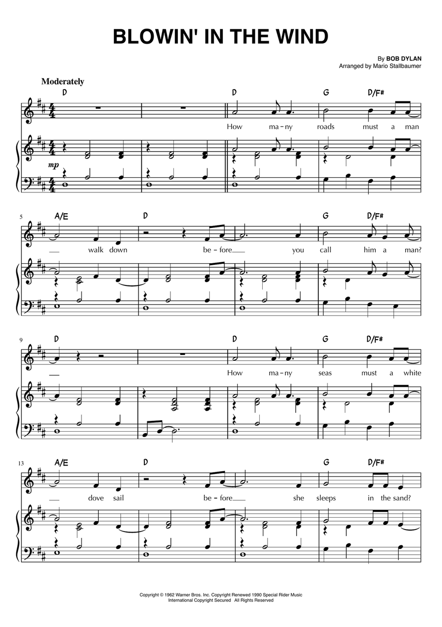 Blowin' In The Wind Piano, Vocal scores gallery preview page 1