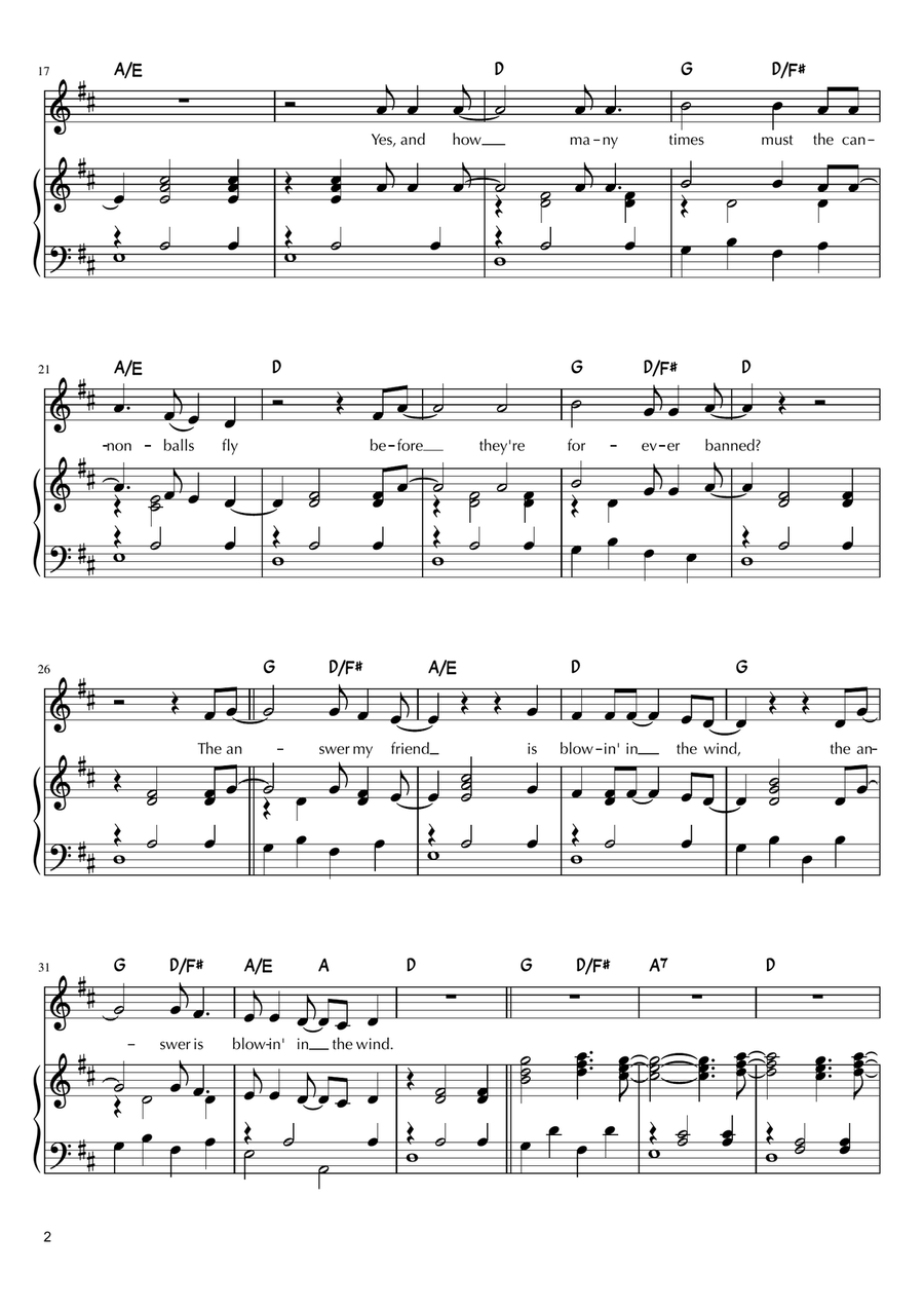 Blowin' In The Wind Piano, Vocal scores gallery preview page 2