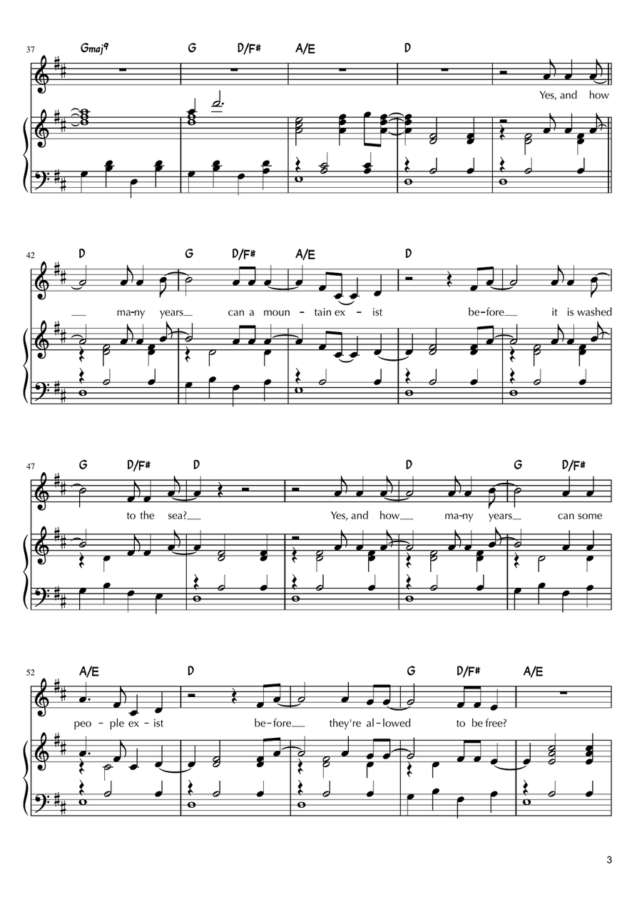 Blowin' In The Wind Piano, Vocal scores gallery preview page 3