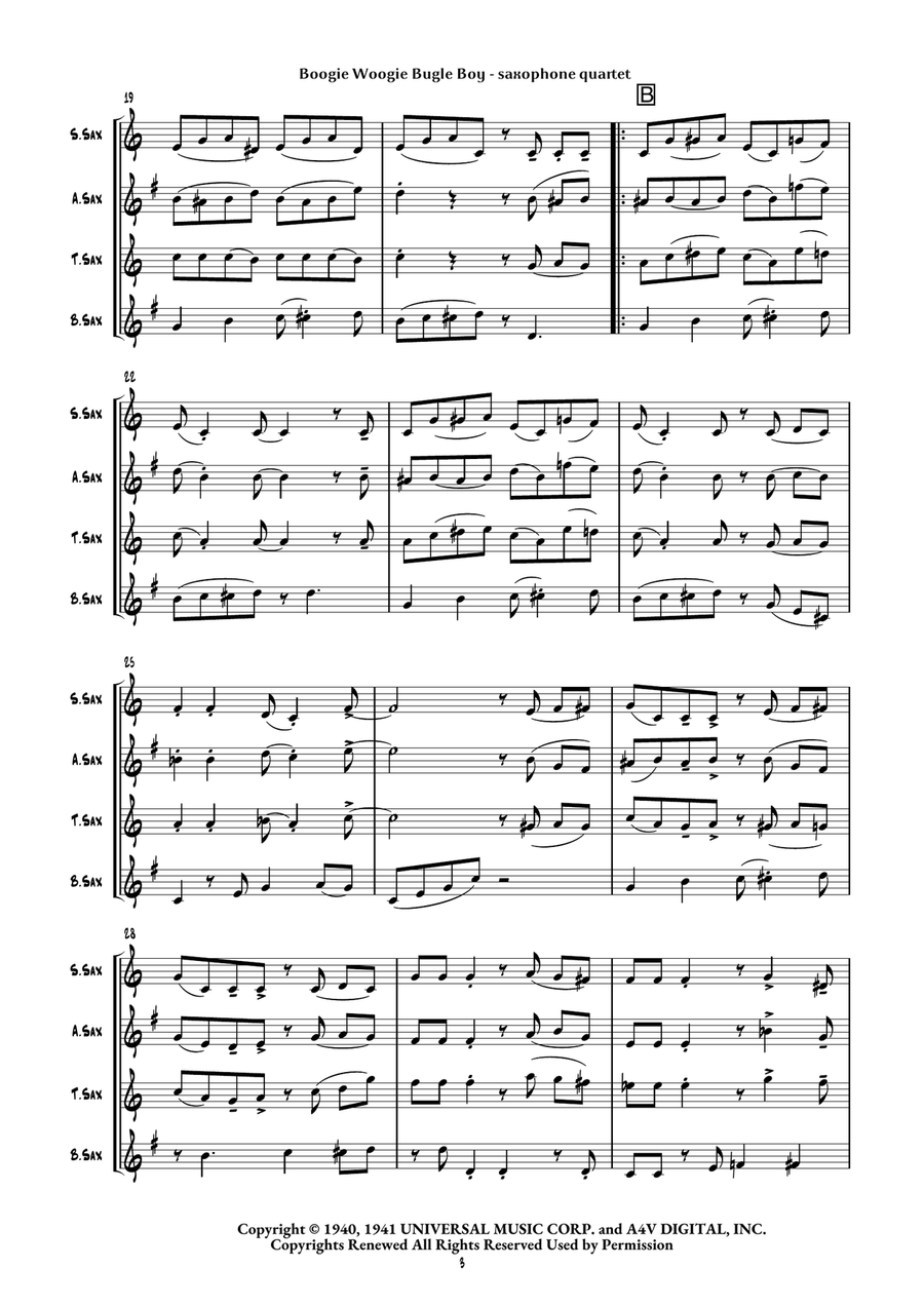 Boogie Woogie Bugle Boy Saxophone Quartet scores gallery preview page 6