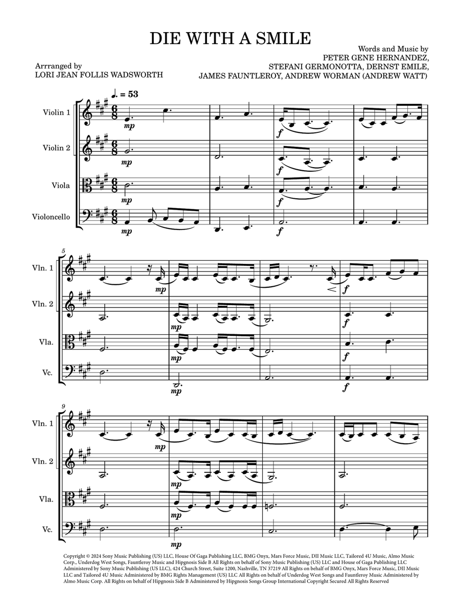 Die With A Smile Die With A Smile String Quartet scores gallery preview page 1