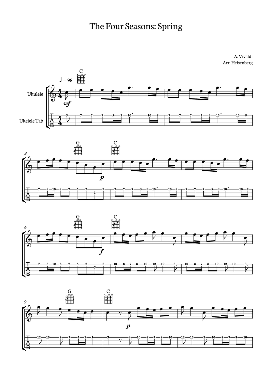 Spring Vivaldi for Ukelele with tab and chords Ukulele scores gallery preview page 1