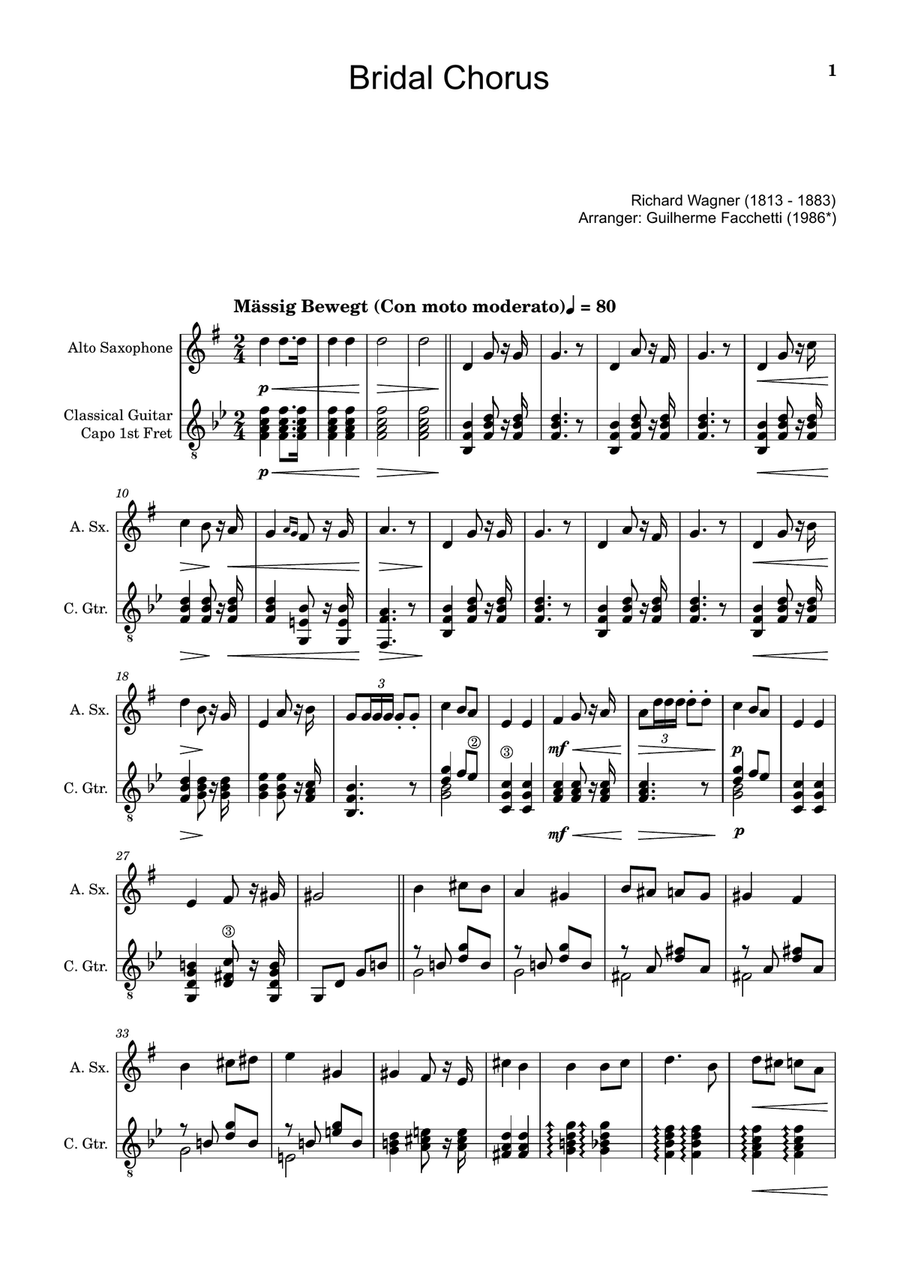 Bridal Chorus. R. Wagner - Arranged for A. Sax. and Guitar Chamber Music scores gallery preview page 1