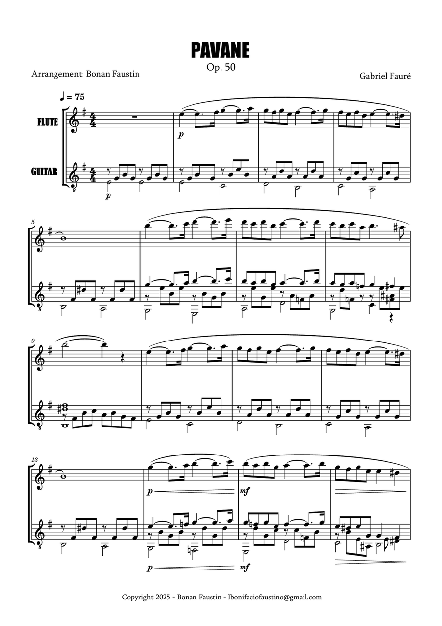 PAVANE OP. 50 [GABRIEL FAURÉ] FLUTE AND GUITAR Flute scores gallery preview page 2