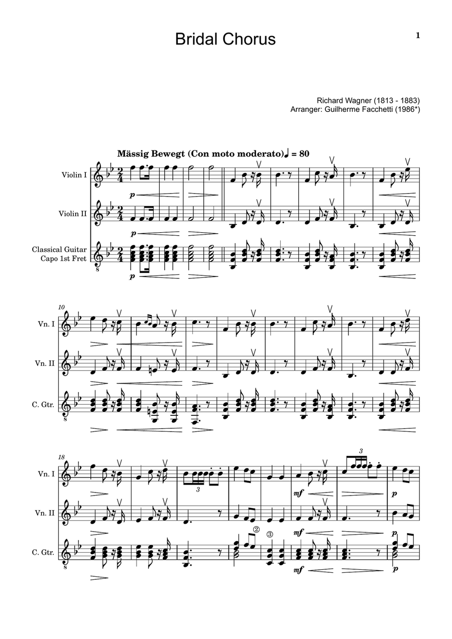 Bridal Chorus. R. Wagner - Violin Duet and Guitar. Score and Parts. String Duet scores gallery preview page 1