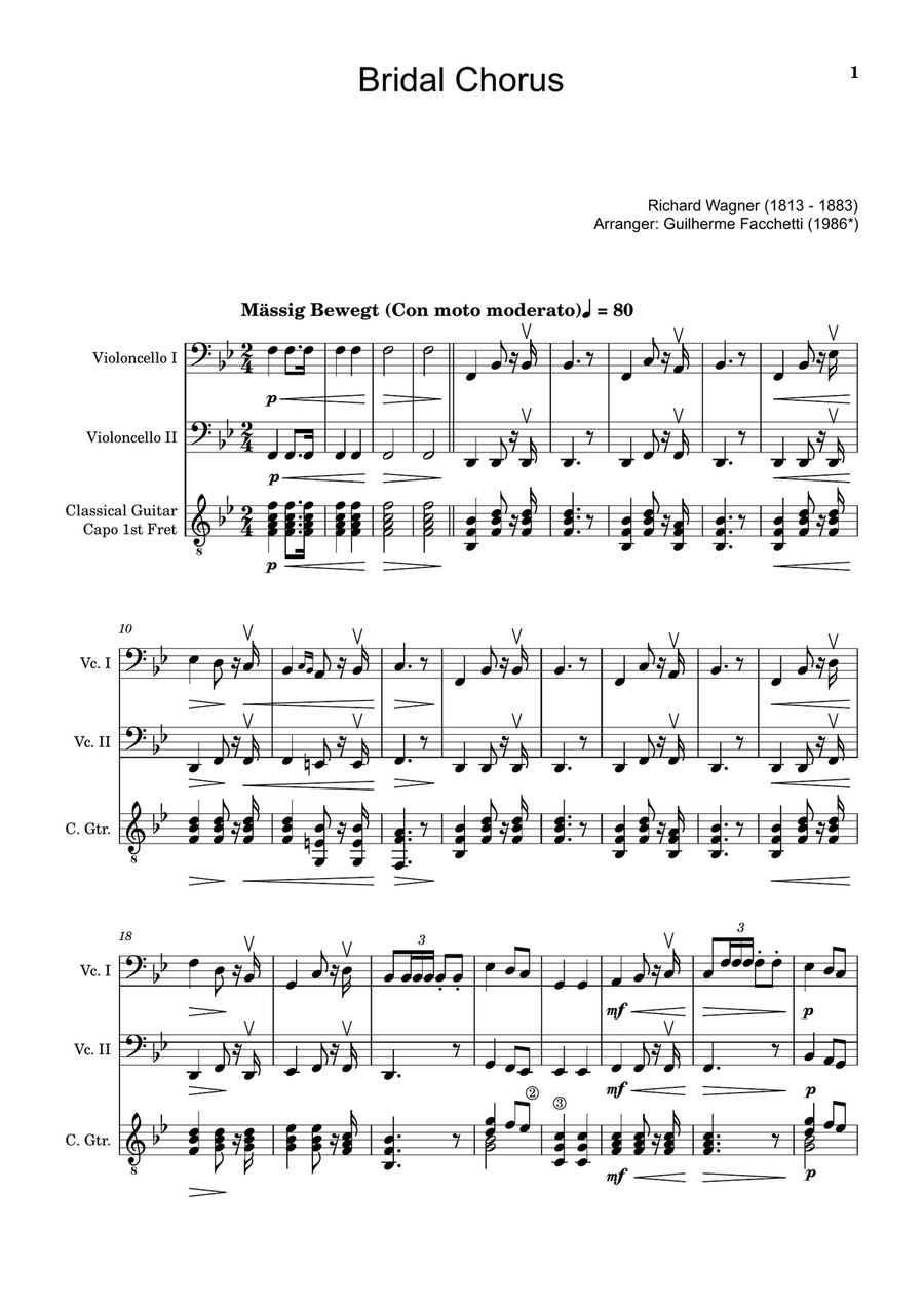 Bridal Chorus. R. Wagner - Cello Duet and Guitar. Score and Parts. String Duet scores gallery preview page 1