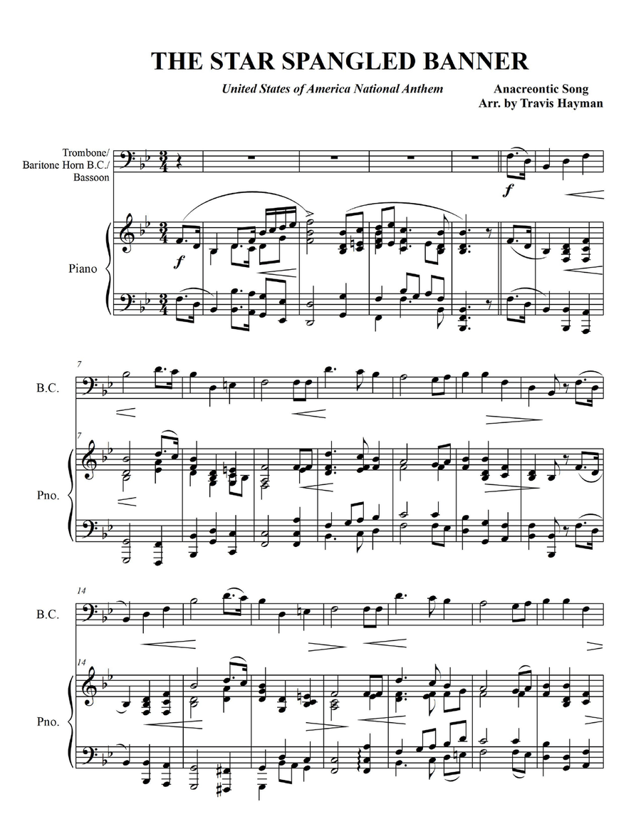The Star Spangled Banner - for Trombone/Baritone Horn B.C./Bassoon with Piano Accompaniment Bassoon scores gallery preview page 3