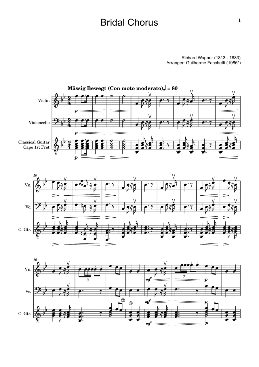 Bridal Chorus. R. Wagner - Violin, Cello and Guitar. Score and Parts. Small Ensemble scores gallery preview page 1