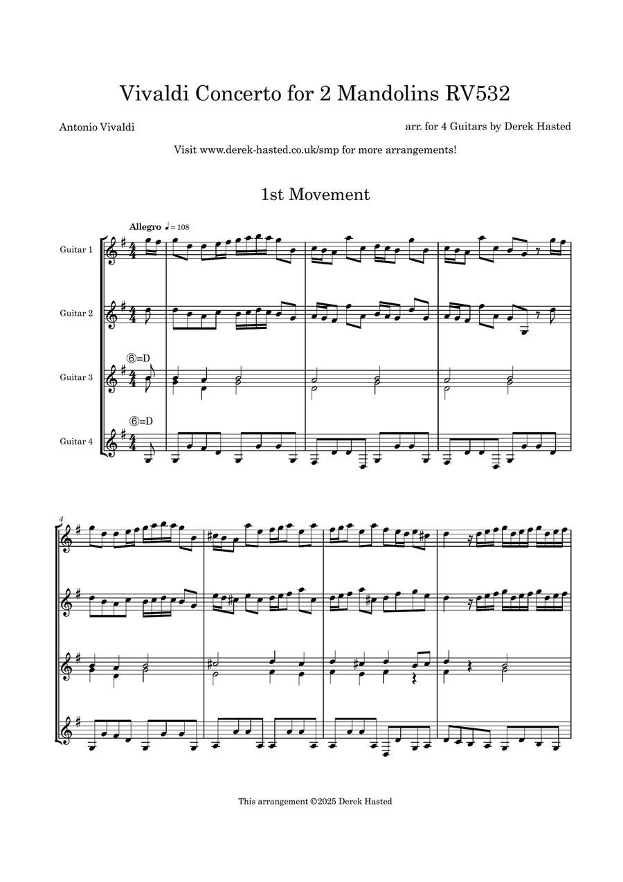 Vivaldi Concerto for 2 mandolins, arranged for Guitar Quartet Guitar Ensemble scores gallery preview page 4