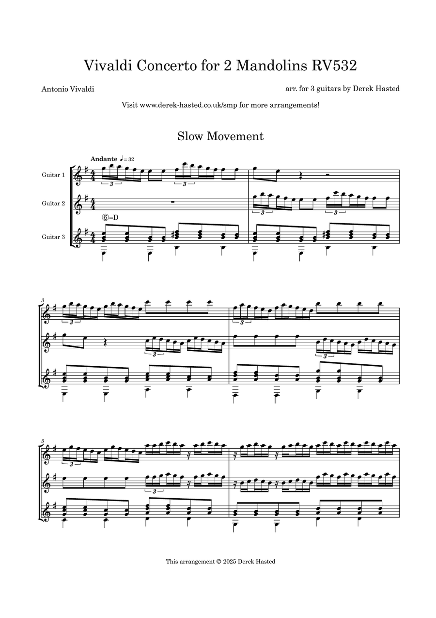 Slow movement from Vivaldi's Concerto for 2 Mandolins, arranged for guitar trio Guitar Ensemble scores gallery preview page 4