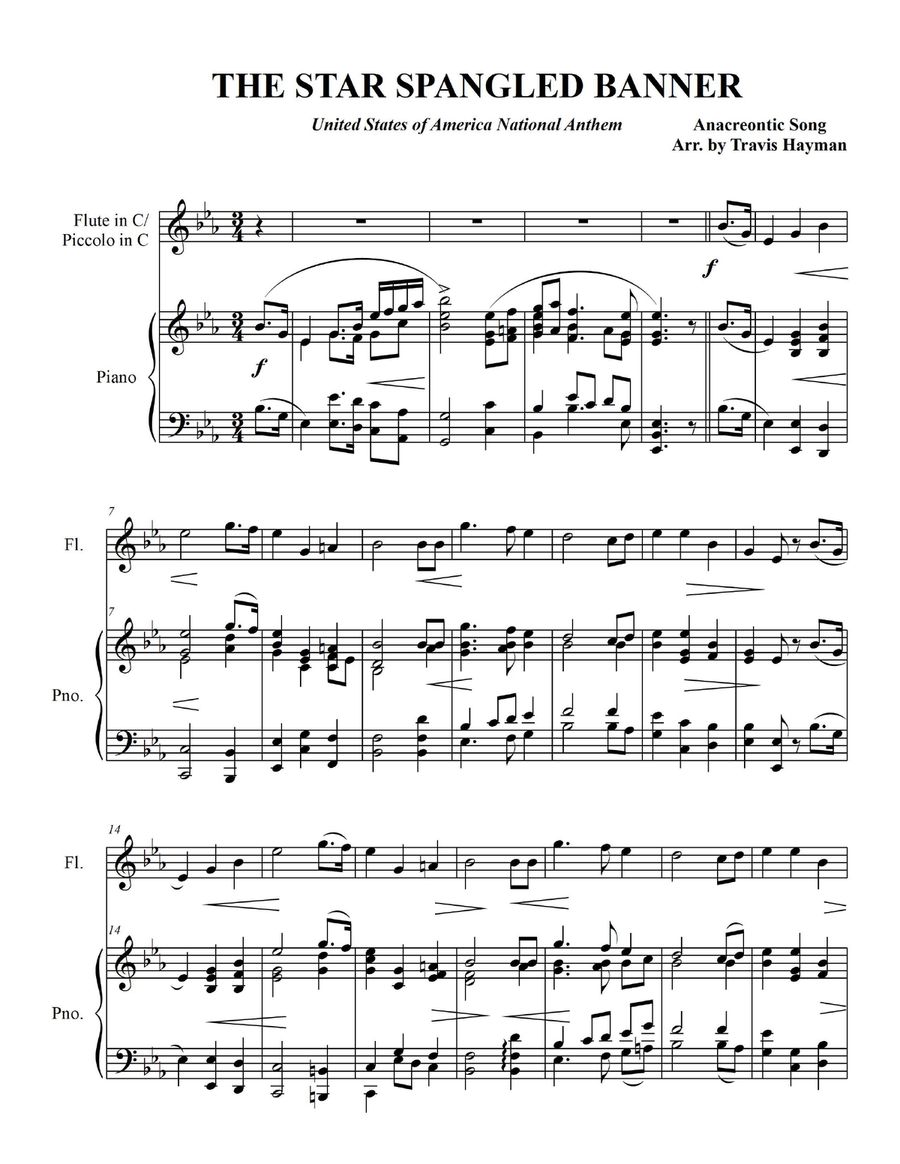 The Star Spangled Banner - for Flute in C/Piccolo in C with Piano Accompaniment Flute scores gallery preview page 3