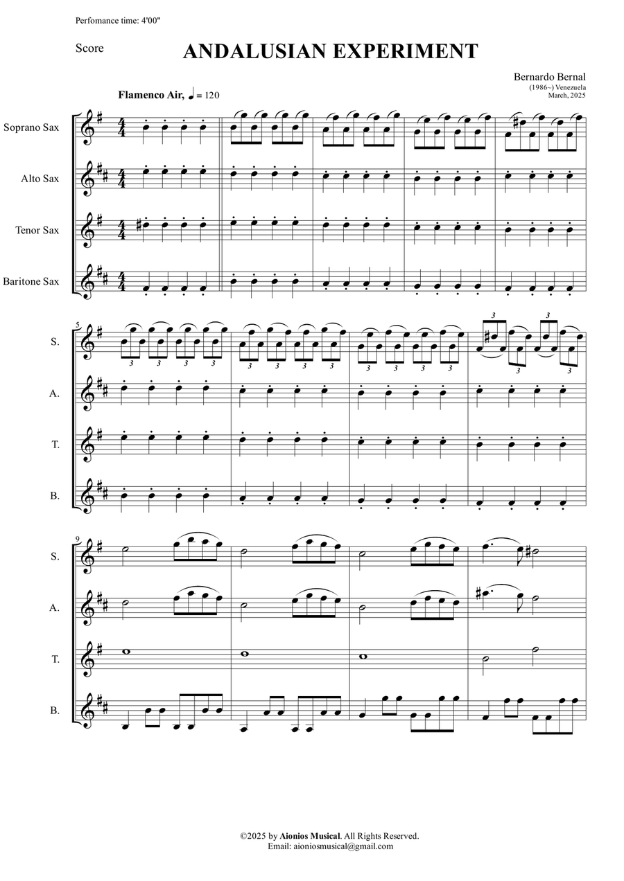 Andalusian Experiment - Saxophone Quartet (Score & parts) Saxophone Quartet scores gallery preview page 3
