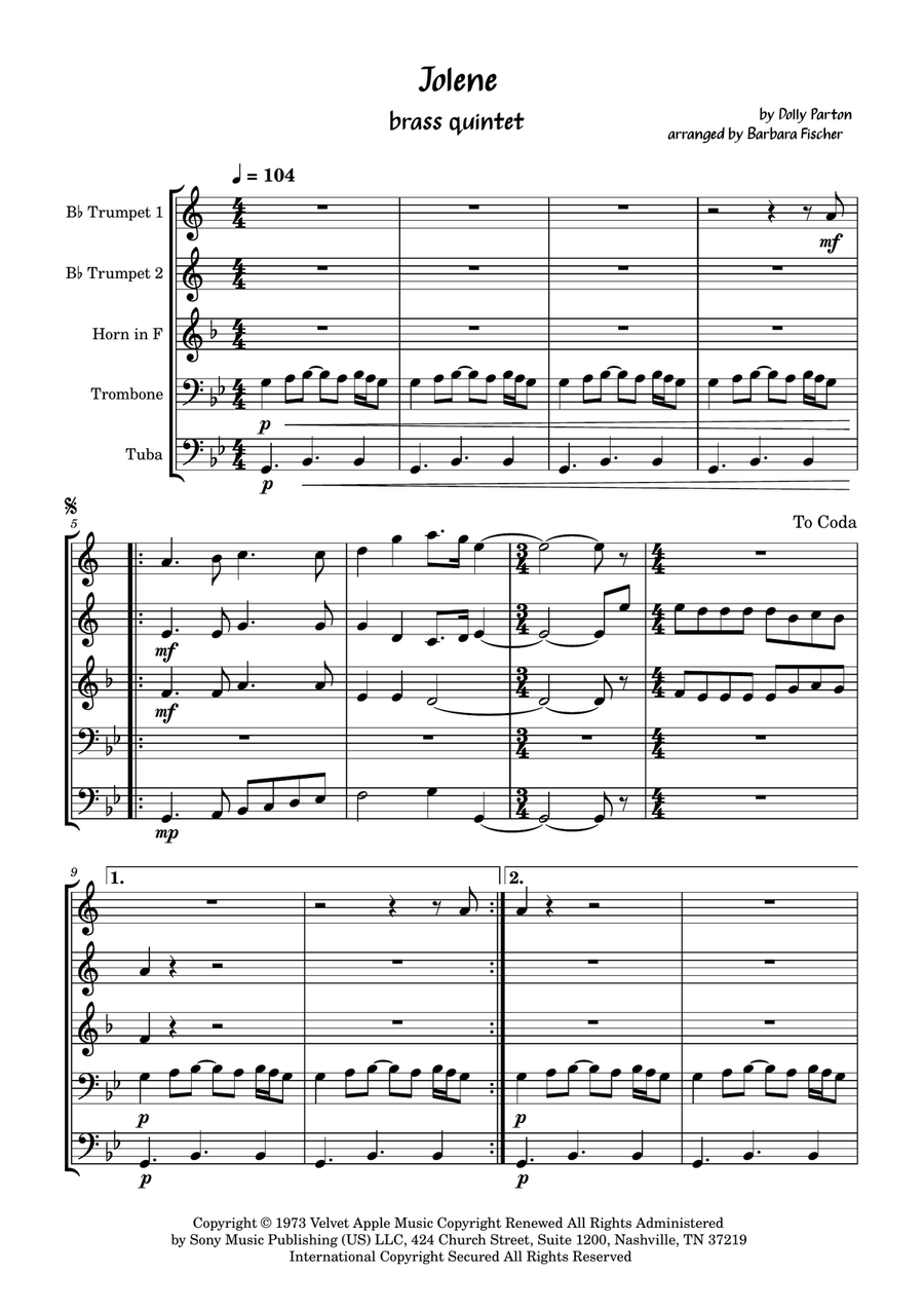 Jolene Jolene Brass Quintet scores gallery preview page 1