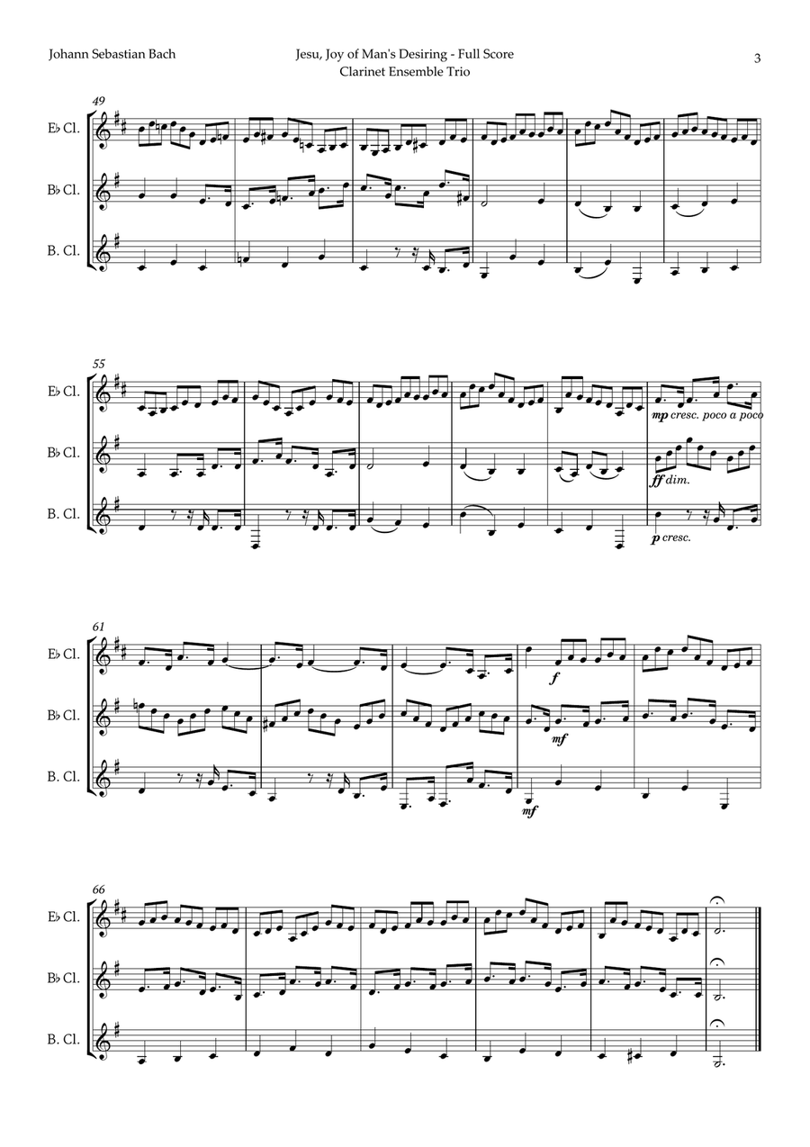 Jesu, Joy of Man's Desiring by Bach for Clarinet Ensemble Trio Clarinet Trio scores gallery preview page 3