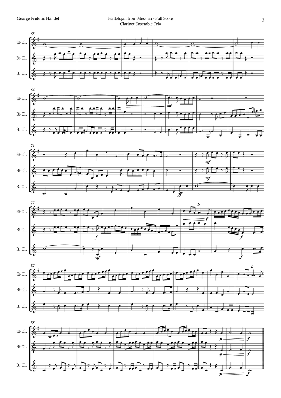 Hallelujah by Friedrich Händel for Clarinet Ensemble Trio Clarinet Trio scores gallery preview page 3